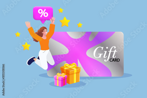Celebrate special rewards with this gift card promotion illustration. A happy customer jumps for joy next to a giant voucher and present boxes, symbolizing a loyalty program bonus or a giveaway winner