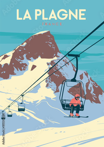La Plagne Ski Resort, Vintage Retro France Alps Poster Illustration Design