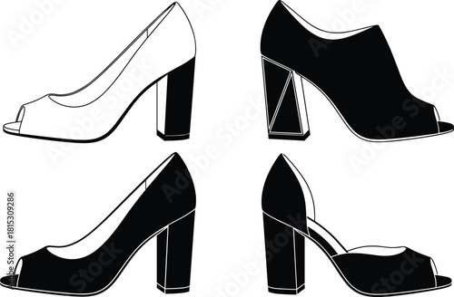 Elegant high heel shoes collection, stylish women footwear illustration, fashion design set, modern block heel art, isolated vector silhouettes