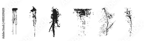 Abstract dripping ink splatter textures on white background. Grunge drips and distressed splashes create artistic messy paint effect. Perfect for overlays, design accents, and graphic art.