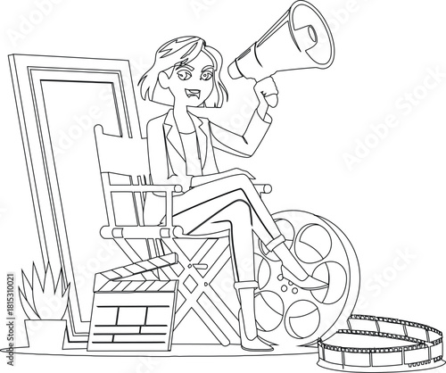 Animated Female Director Character Seated in Chair with Megaphone, Film Reel and Clapperboard in Black and White