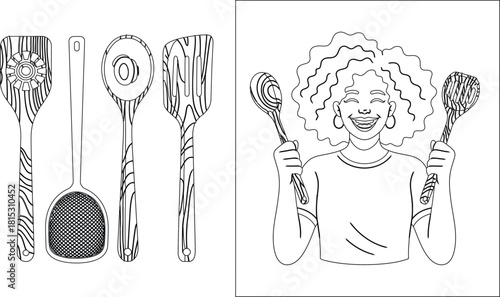Black and White Line Art Woman Holding Cooking Utensils with Spoons and Spatulas Arrayed
