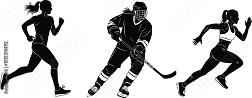 Female athletes silhouette illustration, running women and hockey player, sports action artwork, fitness and competition vector design for athletic concepts
