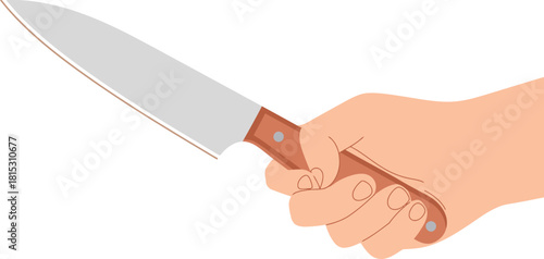 Cartoon Hand Gripping a Chef's Knife with Brown Handle, Isolated on White