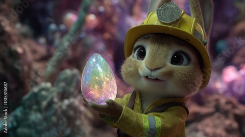 Charming Cartoon Rabbit Adventurer Holding Colorful Gemstone Egg