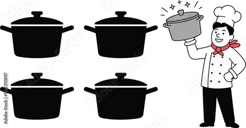 Chef Holding a Sparkling Pot with Four Black Silhouettes of Cooking Pots Isolated