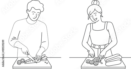 Line Art Illustration Man and Woman Cutting Vegetables on Wooden Boards in Kitchen