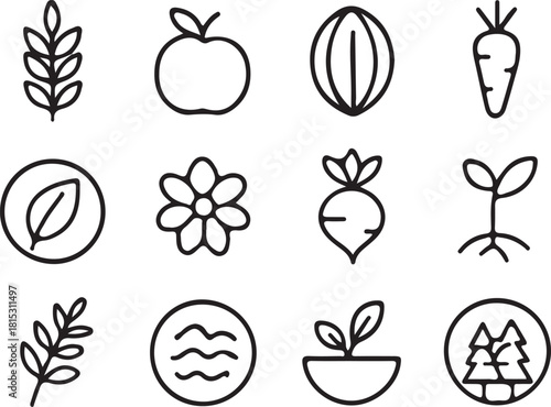 Nature and agriculture icons for a healthy lifestyle and environment