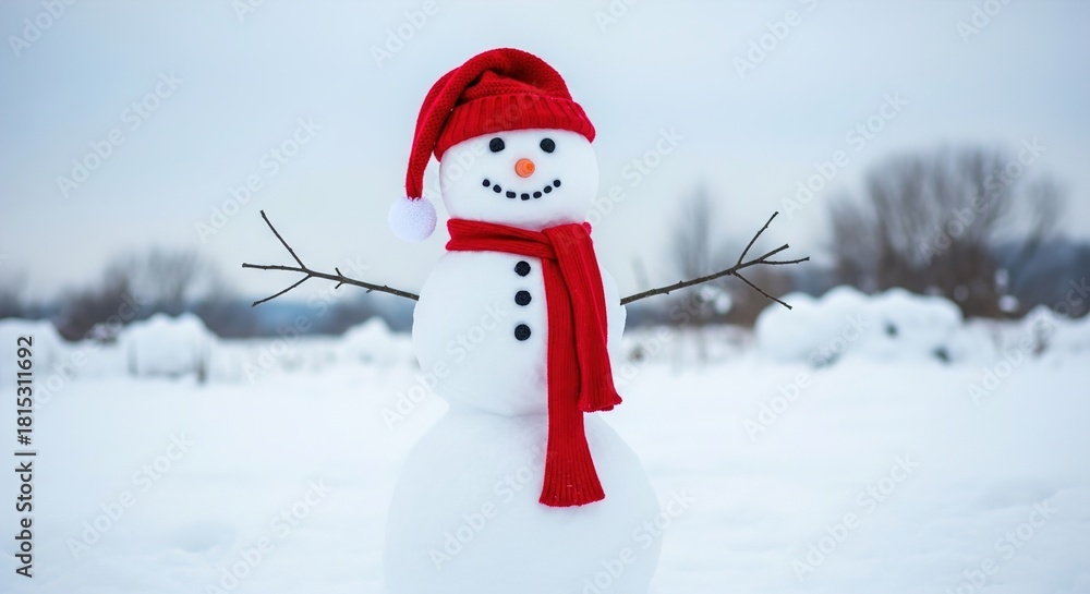Fototapeta premium A cheerful snowman stands in a snowy field, wearing a red hat and scarf, with twig arms.