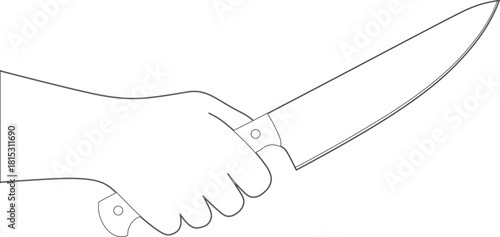 Line Drawing Hand Gripping a Chef's Knife with Riveted Handle Design and Sharp Blade