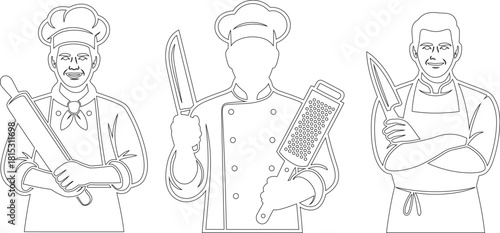 Line Art of Three Chefs Holding Rolling Pin, Knife, and Grater Food Preparation Illustration