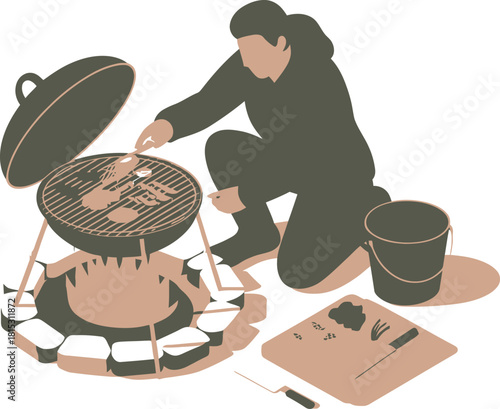 Minimalist Illustration of a Person Grilling Food with a Charcoal Grill Outside by a Fire