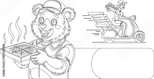 Pizza Delivery Coloring Page Cartoon Bear Holding Hot Pizza, Girl on Scooter Delivering Orders