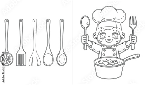 Outlined Kitchen Utensils and Young Chef with Cooking Pot Line Art Illustration for Coloring Book