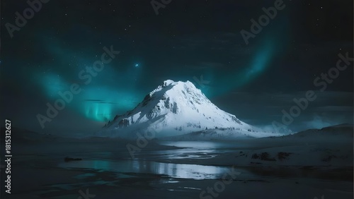 Snow-capped mountain under aurora borealis at night with reflective lake