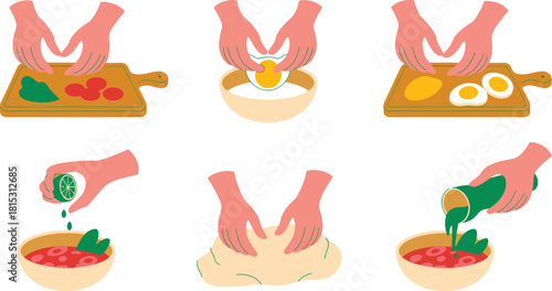 Six Stages of Food Preparation Cutting, Adding Egg, Squeezing Lemon, Mixing Dough, Pouring Liquid