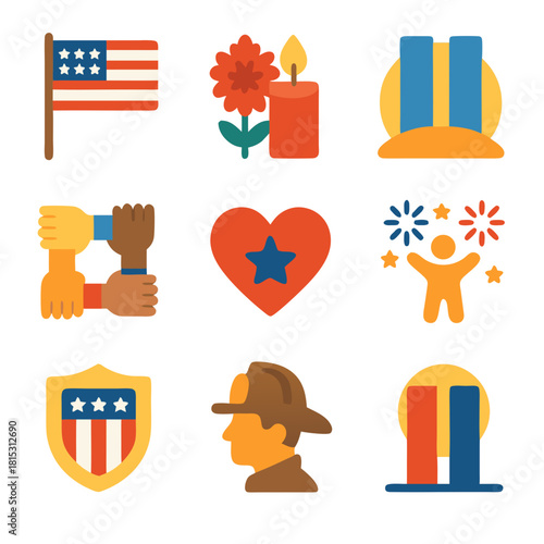 Patriot day assorted memorial symbols including the twin towers honor fallen firefighters and remember september 11th.