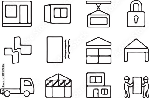 Moving and storage doodle icons showcasing transport and building concept