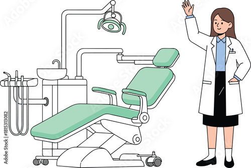 Dentist illustration, dental clinic chair setup, healthcare professional waving, medical office equipment, modern dentistry tools, clean dental environment artwork