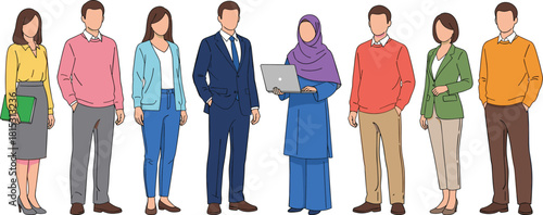 Diverse business team illustration standing together in professional attire, corporate group teamwork concept, multicultural office people vector design