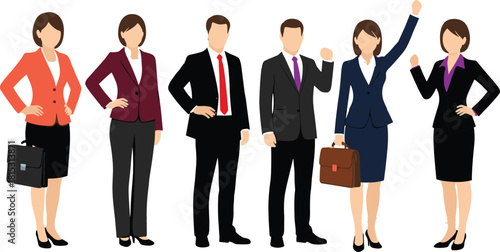 Diverse professional business team standing confidently in corporate attire representing leadership teamwork success motivation and modern office collaboration concept illustration