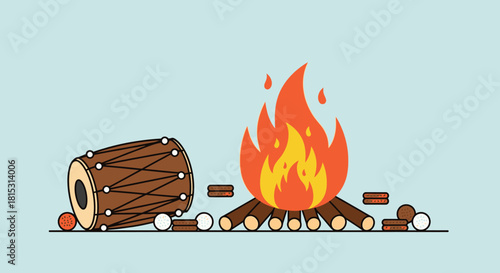 Illustration of a bonfire with flames, logs, and a drum lying beside it, all against a light blue background.