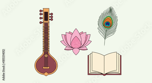 Illustration featuring a sitar, lotus flower, peacock feather, and open book on a light background.