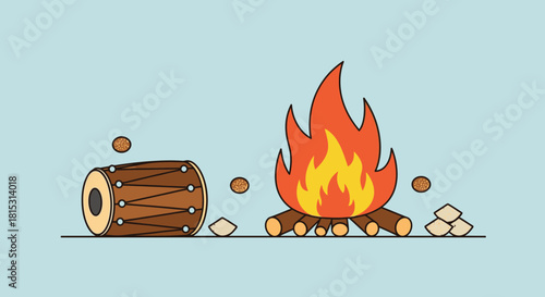 Illustration of a traditional drum beside a bonfire with flames, logs, and small decorative elements on a light blue background.