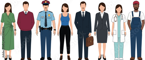 Diverse professional characters standing together, representing multiple occupations, career roles, workplace diversity, uniformed jobs, teamwork, community workforce illustration