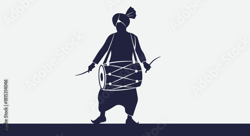 Silhouette of a man in traditional Punjabi attire playing the dhol drum with drumsticks, set against a plain background.