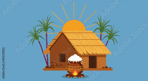 Illustration of a hut with sugarcane plants, a pot boiling over a fire, and a sun, representing a harvest festival.