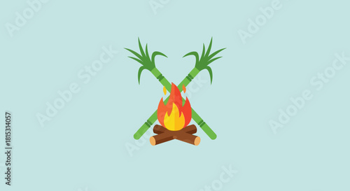 Illustration of a campfire with burning flames and crossed green sugar canes on a light blue background.