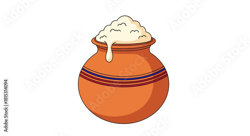 Cartoon depiction of a clay pot overflowing with white cream or butter, with decorative stripes around the pot's body.