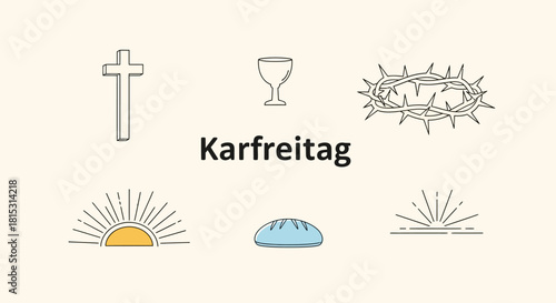 Illustration depicting Good Friday with symbols: cross, chalice, crown of thorns, sunrise, and bread, against a beige background.