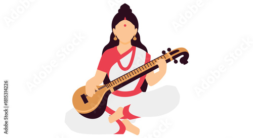 Illustration of a woman with dark hair, sitting cross-legged and playing a stringed instrument, likely representing the Hindu goddess Saraswati.