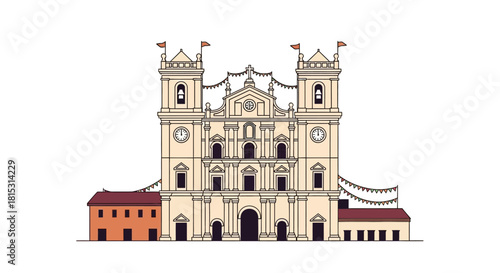 Basilica of Bom Jesus illustration, featuring a detailed facade with towers, windows, and architectural elements against a white background.