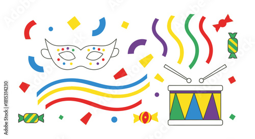 Colorful illustration of a carnival celebration with a mask, drum, confetti, streamers, and wrapped candies on a white background.