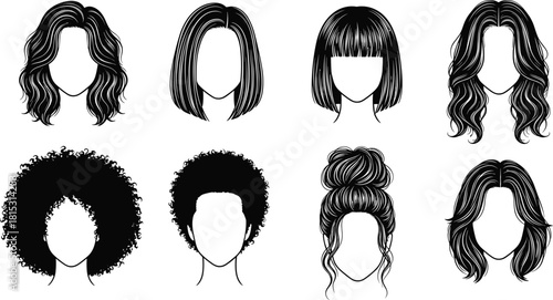 Diverse Women's Hairstyles Collection Set Black and White Line Art Illustration Vector Graphic Fashion Beauty Haircuts Hairdressing Salons Concept.