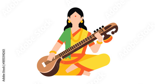 Woman in traditional Indian attire sits cross-legged playing a Veena, a stringed instrument, against a white background.