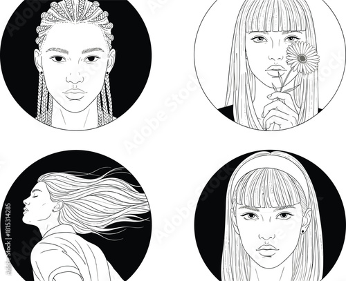 Diverse Women Portrait Set Black and White Line Art Illustration Beautiful Female Faces Hairstyle Braids Flower Headband Beauty Salon Vector.