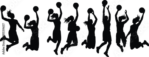 Dynamic silhouettes of female basketball players jumping, shooting, and performing athletic moves in action sequence, energetic sports teamwork illustration