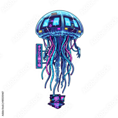 Cybernetic Jellyfish: A futuristic mechanical jellyfish, its translucent form glowing with electric blue and purple hues, drifts in a digital ocean of innovation.