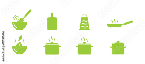 Icons for Kitchen Utensils and Instructions. Various Cooking Tools. Frying Pan, Pot, Spoon, Cutting Board, and other Kitchenware. Home Cooking Concept. Flat Vector Illustration and Icon Set.