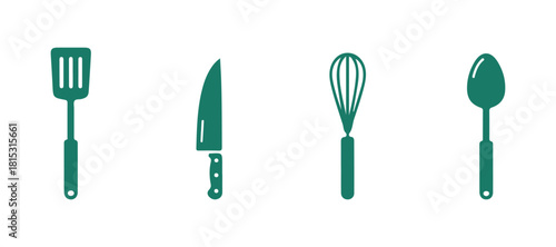Kitchen Utensils and Instruction Icons. Different Tools for Cooking. Frying Pan, Pot, Spoon, Cutting Board, and other Kitchen Items. Concept of Home Cooking. Flat Vector Illustration and Icon Set.