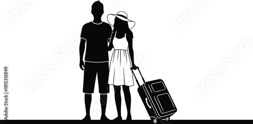 Couple traveling together silhouette with suitcase on vacation journey, romantic holiday trip concept, summer travel illustration for tourism and lifestyle