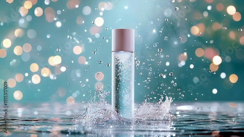 A clear glass bottle with a pink cap sits in water, surrounded by splashes and bokeh lights, suggesting a refreshing cosmetic product.