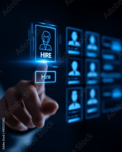 Person’s hand, staff, leader, selection, employer, find, Virtual Hiring Interface: Hand Dragging Profile to Modern HR Tech 