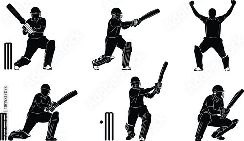 Cricket batsman silhouette set, action batting poses collection, professional cricket player artwork, sports vector design for match and training themes