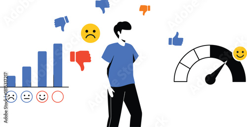 Customer feedback evaluation concept with rating icons, satisfaction meter, emotional reactions, user experience analysis, review performance chart illustration