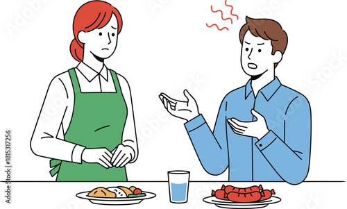 Customer complaining to restaurant staff illustration, unhappy man arguing with waitress, service issue concept, food dissatisfaction scene in flat vector style